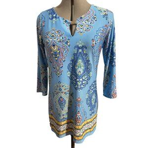 Sunny Leigh Boho Style Blue Tunic Top Paisley Multicolored Print Size Small